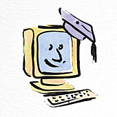 Illustration of Smiling Computer Wearing Mortarboard