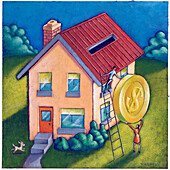 Ehepaar, das eine Münze auf dem Dach eines Hauses einwirft