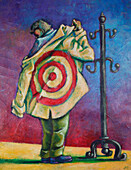 Illustration eines Mannes mit einer Zielscheibe auf der Rückseite seiner Jacke