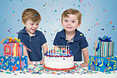 Twin Boys with Birthday Cake and Presents