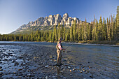 Man Fishing in Mountain River,Banff National Park,Alberta,Canada