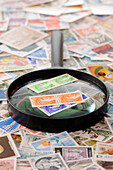 Vergrößerungsglas und Briefmarkensammlung