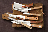 Overhead View of Assortment of Kitchen Knives on Cutting Board on Grey Background,Studio Shot