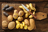 Draufsicht auf verschiedene Kartoffelsorten auf Schneidebrett mit Messer