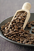 Nahaufnahme von Kaffeebohnen in Schale mit Schaufel, Stilleben