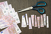 Euro Notes with Scissors,One Cut up,Studio Shot