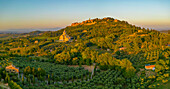 Blick von oben auf Weinberge, Olivenhaine und Montepulciano bei Sonnenuntergang,Montepulciano,Toskana,Italien,Europa