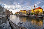 View of River Spree and Berliner Fernsehturm at sunset,Nikolai District,Berlin,Germany,Europe