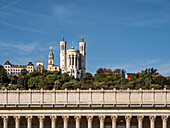 Palais de Justice with the Basilica of Notre Dame de Fourviere on the hill behind,Lyon,Auvergne-Rhone-Alpes,France,Europe