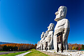 Moai statues against a blue sky,Makomanai Takino Cemetery,Hill of the Buddha,Sapporo,Hokkaido,Japan,Asia