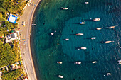 Aerial view of Palmarola bay with boats anchored in turquoise water at susnet,Palmarola island,Ponza municipality,Tyrrhenian sea,Pontine archipelago,Latina Province,Latium (Lazio),Italy,Europe
