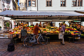 Typical food market in the old town of Bolzano (Bozen),Bozen district,Sudtirol (South Tyrol),Italy,Europe