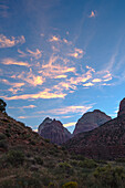 Sunrise clouds over the sandstone towers of Zion National Park in southwest Utah.