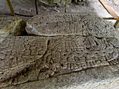 Eine in Stein gehauene Stele, die einen Krieger auf dem Platz A der Maya-Ruinen im Yaxha-Nakun-Naranjo-Nationalpark, Guatemala, darstellt.