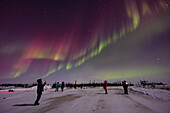 Aurora-Fotografen im Churchill Northern Studies Centre, 26. Februar 2023, unter einem magentafarbenen Vorhang aus Nordlichtern.