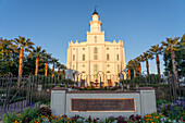 Golden light at sunrise on the St. George Utah Temple of The Church of Jesus Christ of Latter-day Saints in St. George,Utah. It was the first temple completed in Utah,dedicated in 1871.