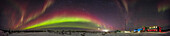 A 270° panorama of the Northern Lights and aurora curtains across the southern sky,on February 22,2023,from the grounds of the Churchill Northern Studies Centre,in Churchill,Manitoba. This was a Kp5 level aurora this night,active from twilight on and prominent here in the south at about 8:30 pm. Orion and the winter stars are embedded in the aurora at left of centre,above the old launch structures of the Churchill Rocket Range. The new Centre and the old Rocket Range headquarters building are at right.