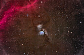 The dusty blue reflection nebulas Messier 78 (bottom) and NGC 2071 (top) in Orion near the red arc of Barnard's Loop at left. A fan-shaped reflection nebula above NGC 2071 is not identified on any charts I had. Dark dust lanes run through the region and colour the sky brown. The tiny variable nebula known as McNeil's Nebula is below M78. Remarkably,some small 16th magnitude galaxies in the PGC catalog are recorded amid the dust at upper right in the frame.