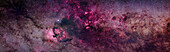 This is a panorama along the Milky Way framing the nebulosity and star clouds in Cygnus the Swan,taking in about 40° along the northern Milky Way.