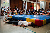 Circus show with kids at Centro Civico La Almozara during the Fiestas of el Pilar,Zaragoza,Aragon,Spain