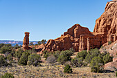 Colorful eroded Entrada sandstone spire formations in Kodachrome Basin State Park in Utah.