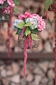 Hanging vase with hydrangea