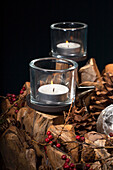 Candles, Christmas baubles, berries