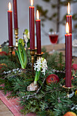 Christmas table decorations with red candles, hyacinths and fir branches