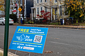 Lead pipe replacement plan sign, Washington DC, USA