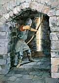 Medieval archer firing through an arrow slit, illustration