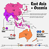 East Asia and Oceania happiness index, 2023, illustration