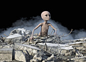 Alien amongst rubble, illustration