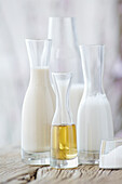 Plant milk and oil in carafes
