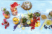 Various teas and drinks with fresh ingredients