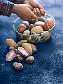 Verschiedene Kartoffeln in Drahtkorb