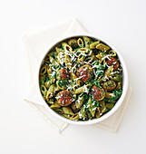 Gluten-free pea penne with ricotta and spinach balls