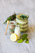 Tooth powder, cleansing milk and bath salts with citrus fruits