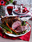 Minted roast lamb and vegetables