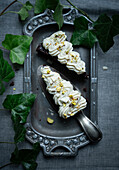 Courgette cake with pistachios and rice milk chocolate cream