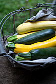 Verschiedene Sorten Zucchini in Drahtkorb