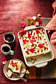 Arabic tiramisu with rose petals and pistachios