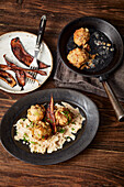 Vegan 'bacon' dumplings with creamed cabbage