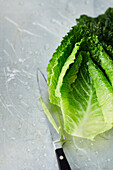 Kitchen knife, romaine lettuce and coarsely crushed pepper