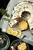 Vegan lemon wreath cake with rosemary, sliced