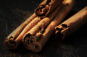 Close-up of Ceylon cinnamon sticks and powder