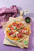 Low carb salami and sweet potato pizza