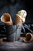 Vanilla chocolate chip ice cream in ice cream cones