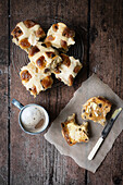 Fresh toasted hot cross buns with coffee