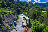 Aerial view of Tren del Ciment, at Jardins Artigas gardens station, La Pobla de Lillet, Castellar de n´hug, Berguedà, Catalonia, Spain.