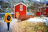 Colorful red Fishing Warehouses, Mosjoen, Nordland, Norway